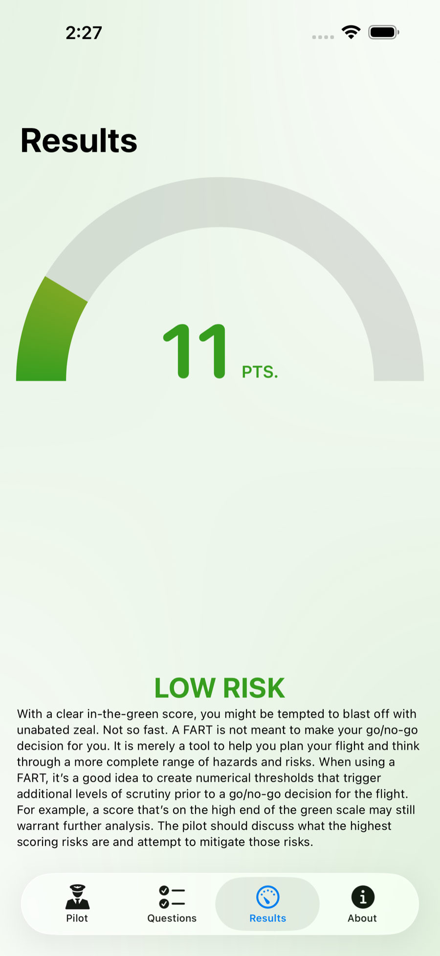 A finished assessment on iPhone showing 11 points and a low risk result