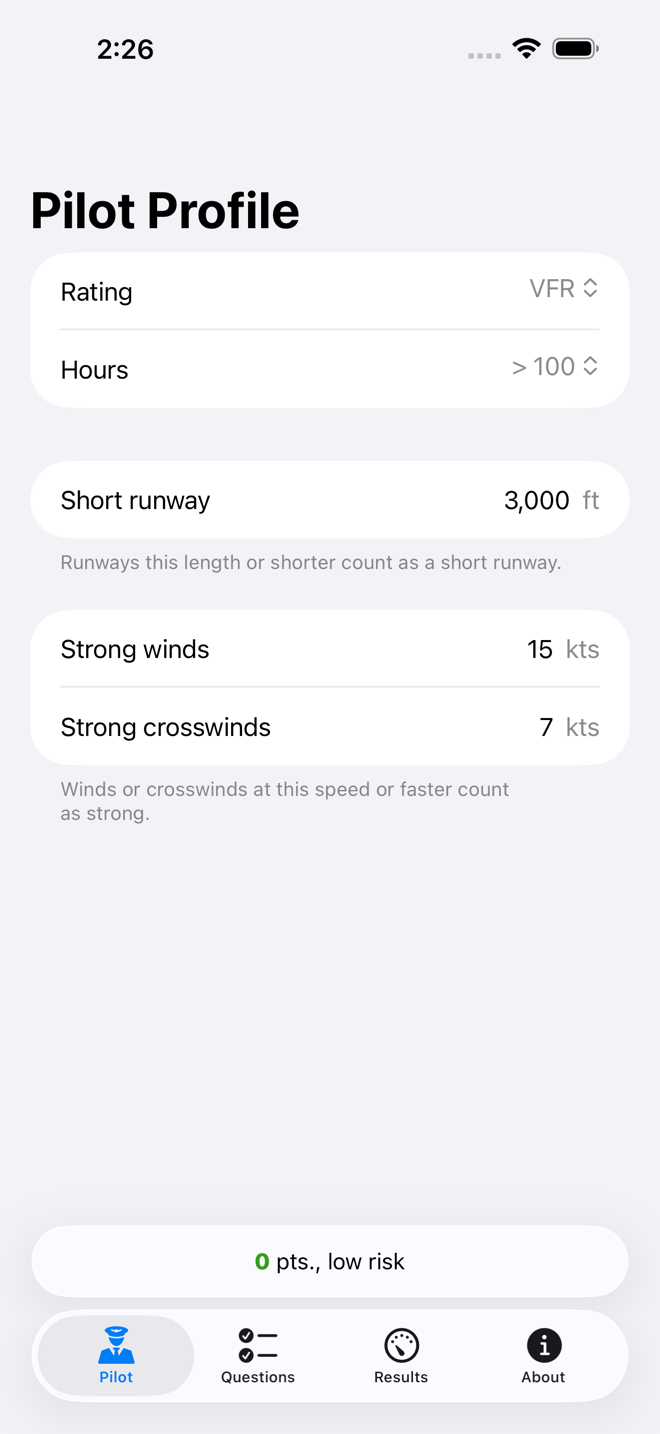 The pilot profile on iPhone