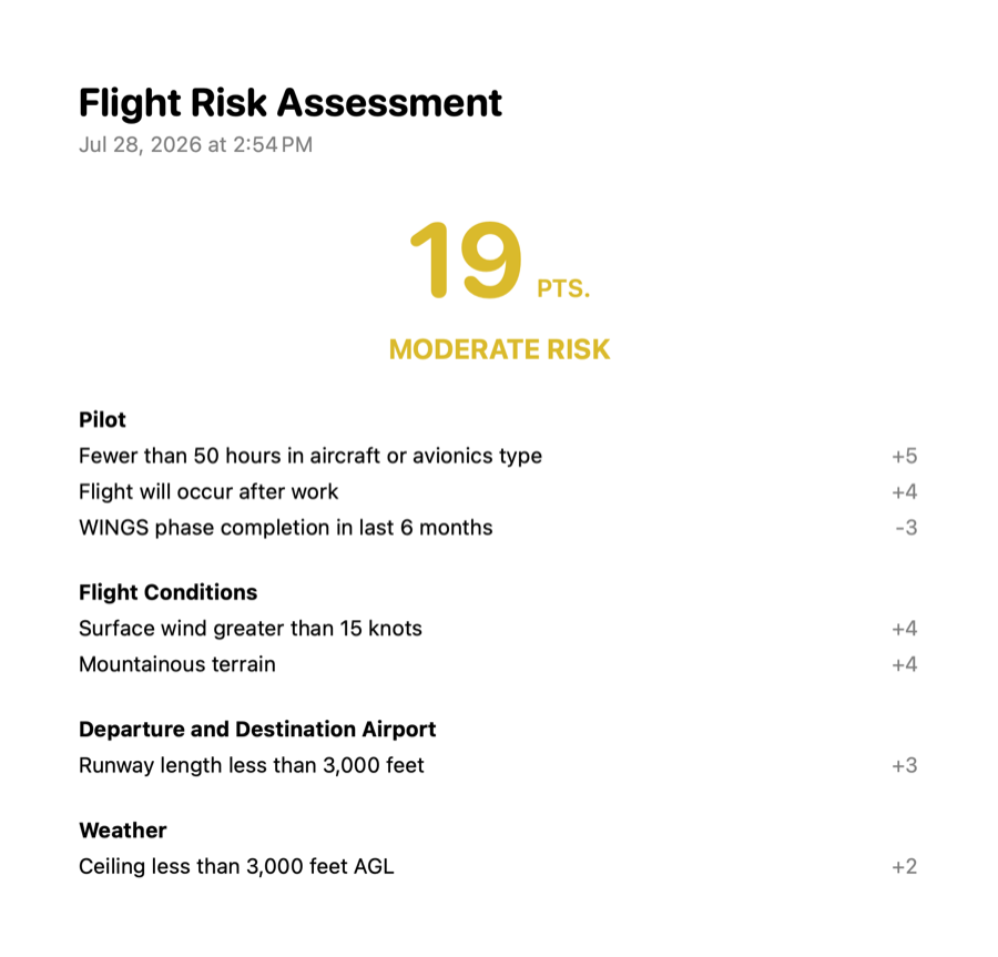 A printed flight risk report