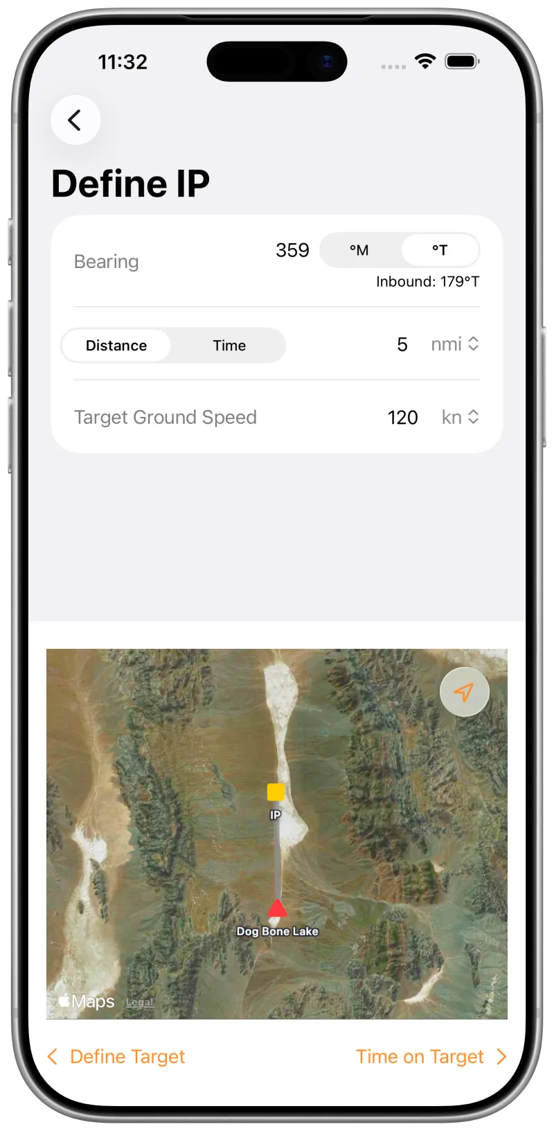 Setting the initial point bearing, distance and ground speed over a map of the target