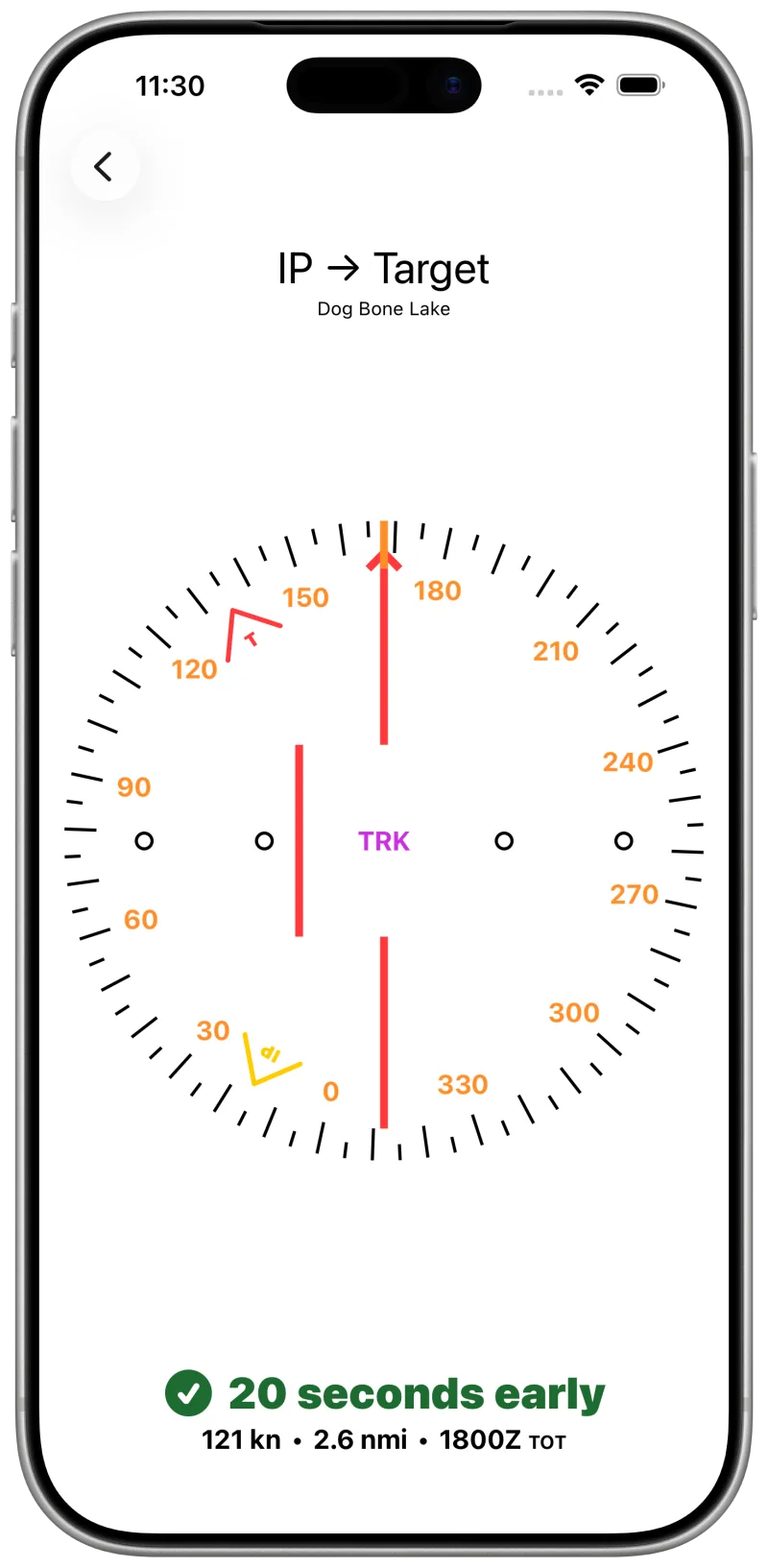 IP Inbound showing course deviation and speed guidance on the run in to the target