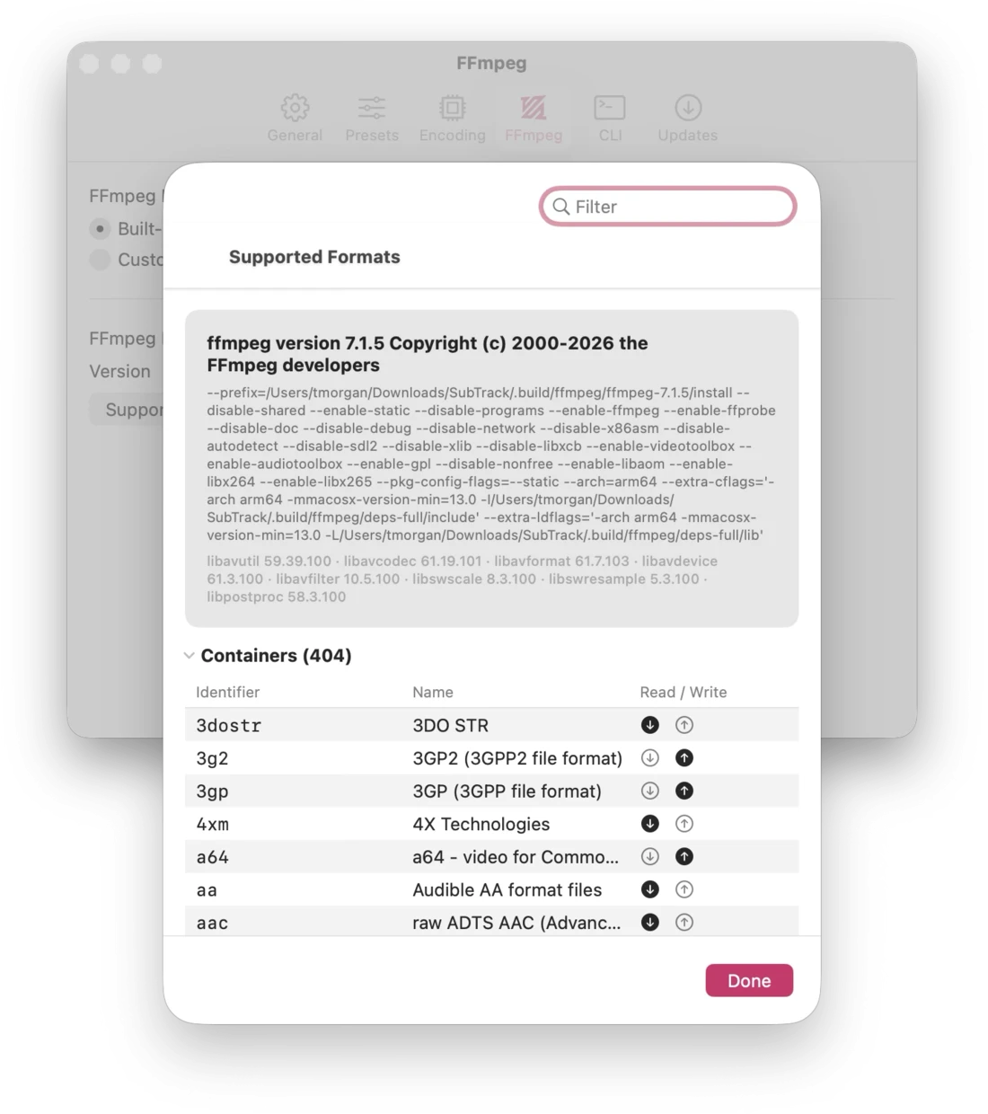 The Supported Formats sheet, listing the bundled FFmpeg build's version and its 404 supported containers.