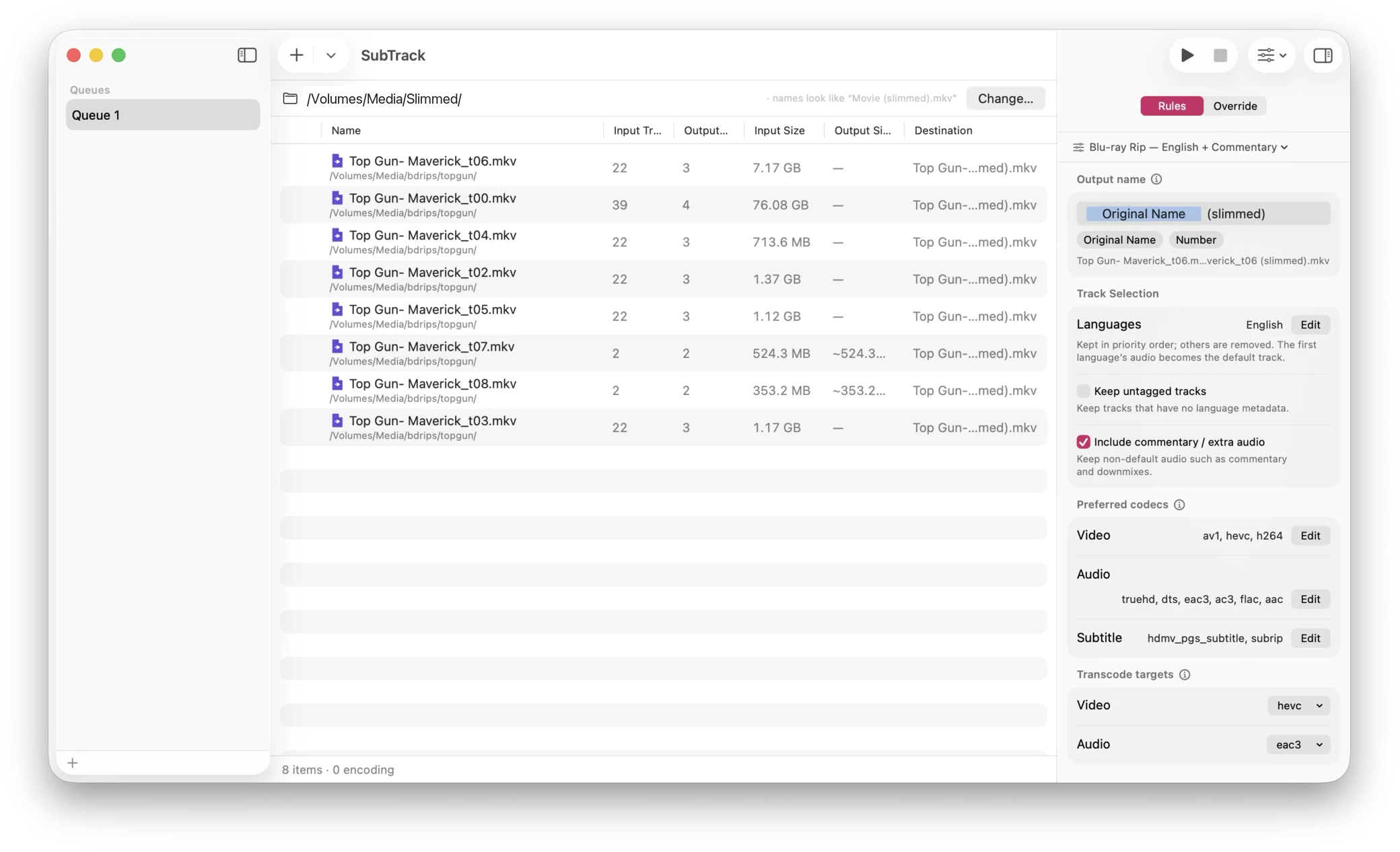 The SubTrack main window: a queue of eight Blu-ray rips showing input and output track counts and file sizes, with the rules inspector open alongside.