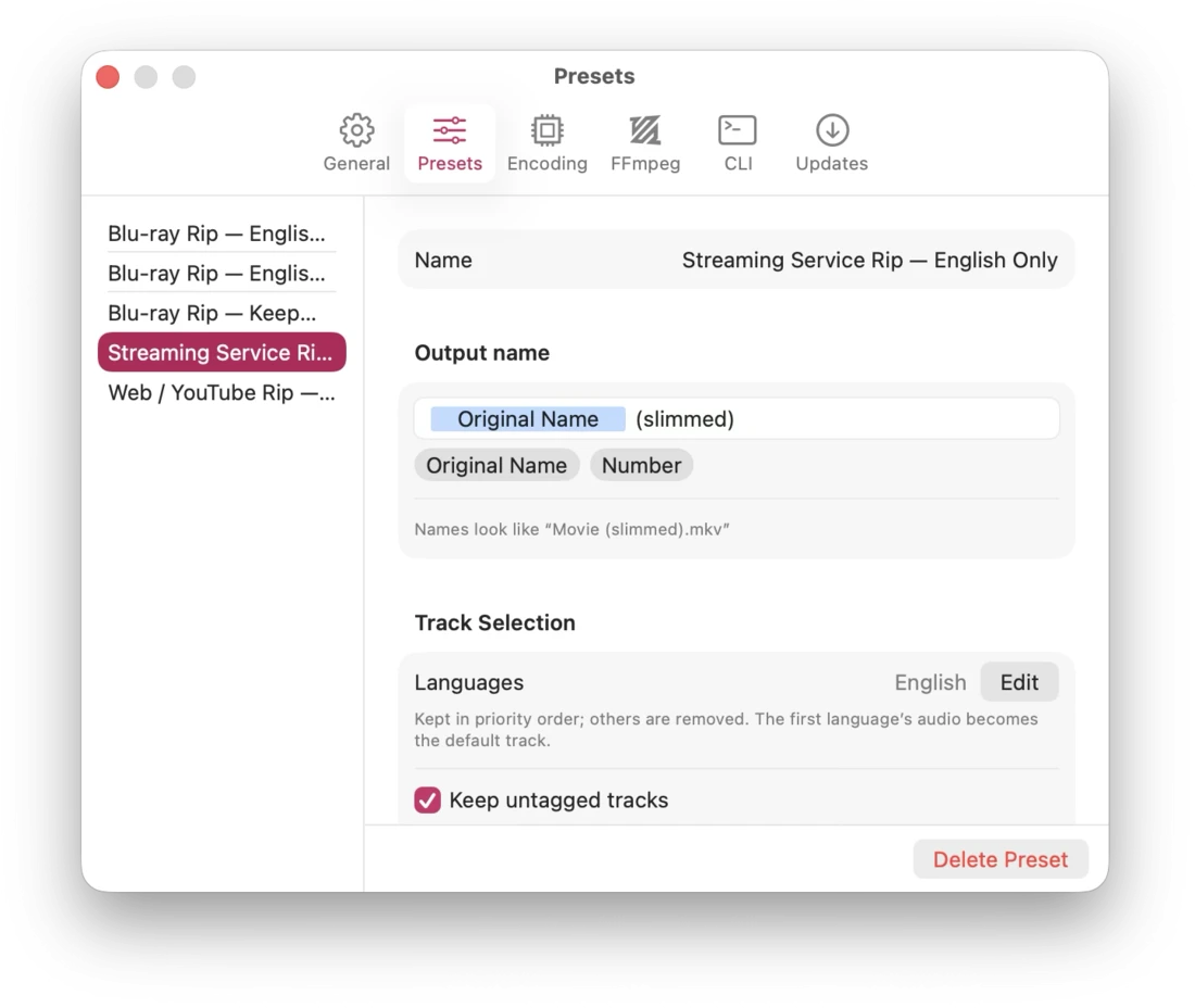 The Presets settings tab, editing the Streaming Service Rip preset's output name and track selection.